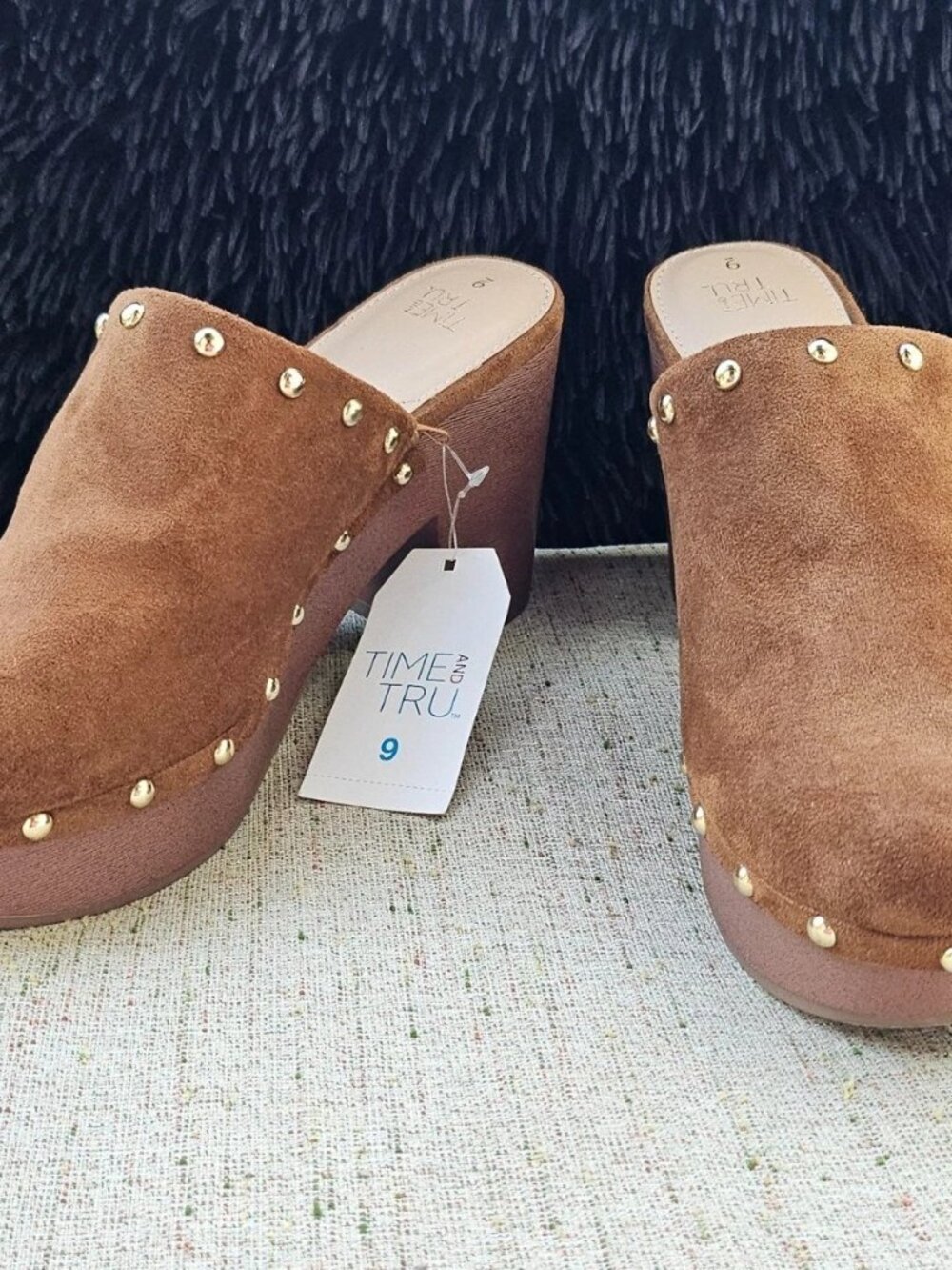 Time and Tru Women Mule Sandal Brown Fabric Suede Upper Silp On Shoes Size - Picture 2 of 11